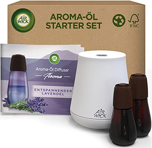 Air Wick Aroma-Öl Flakon Starter Set - Air Wick Diffuser mit 2 Nachfüllern - Blumiger Raumduft mit ätherischen Ölen - Duft: Entspannender Lavendel - 2 x 20 ml Öl + Gerät in Schwarz