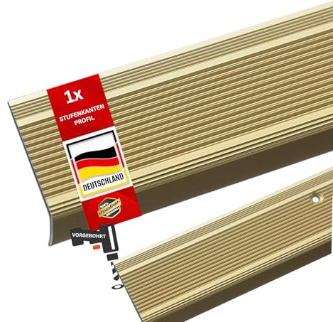 Floordirekt Treppenkantenprofil in L-Form aus Aluminium 1 Stück. 134x3.5x3cm - Vorgebohrt - Gold für Parkett und Laminat - Inkl. Montagematerial - Stufenkantenprofil Integral