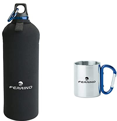 Ferrino Neo Drink, Borraccia in Alluminio Nero, 1 Litro & Tazza con Moschettone Grigio