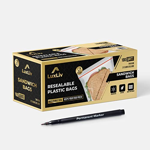 100 x LuxLiv® Plastic Sandwich & Pen – Premium Zip Food Storage – Lunch & Snack Ziplock – 7x8-inch Freezer – Non-BPA & Reusable