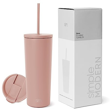 Simple Modern Isolerad Tumbler med Sugrör och Lock | Iskaffekopp Återanvändbar Rostfritt Stål Vattenflaska Resemugg | Gåvor för kvinnor & Män | Klassisk kollektion | 710 ml (24 oz) | Mauve Me