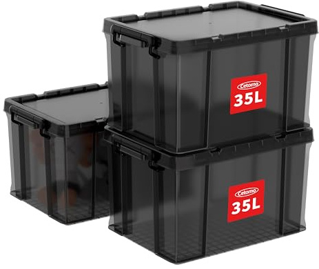 Cetomo 35 L x 3 förvaringslådor, stapelbar förvaringslåda med lock, kraftig behållare med lock med förstärkta hörn, vertikala sidor och klämstängning, hållbar, plast, klar svart, 35 L-3-pack