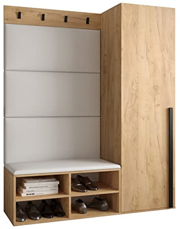MEBLE KRYSPOL Garderobe MIRO Set 6 mit gepolsterten Paneelen Modern Design (weißes Öko-Leder, Eiche Kraft Gold + Schwarz Matt)