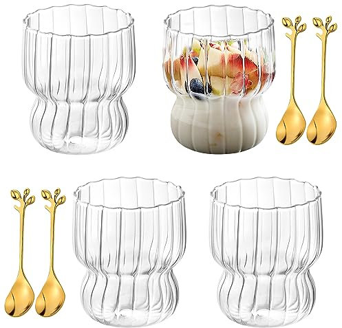 Aemygo 4 vasos acanalados, vasos de vidrio ondulado de 10 onzas con cuchara agitadora, cristalería acanalada vintage, estilo origami, cristalería transparente, tazas de café con forma de onda para