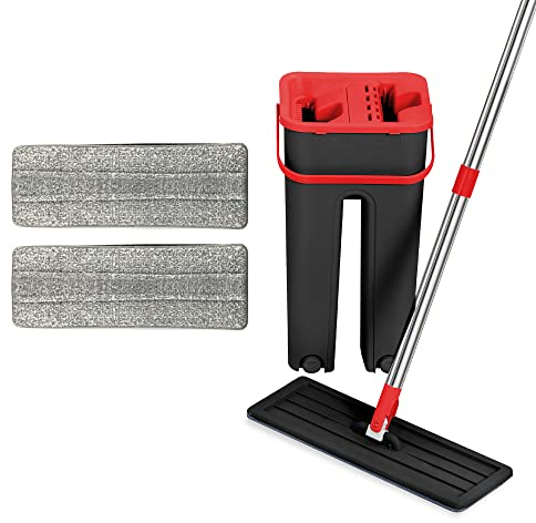 ASAB 5L Floor Mop And Bucket Set Self Cleaning Microfibre Cloth Mop Pads Space Saving Flat Mop Floor Cleaner Dual Compartment Mop Bucket 2x Reusable Microfibre Mop Pads Floor Mop For Hard Floors (Red)