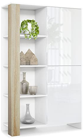 Vladon Canto highboard, Armario Alto con 2 Puertas y 8 Compartimentos, Carcasa Blanco Mate, frentes Blanco Brillo Intenso, Paneles Decorativos Roble áspero (95 x 151,5 x 36 cm)