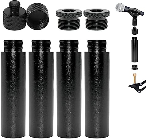 Mikrofonständer Adapter, 4 Stück Mikrofonständer Verlängerung Mit 2 Stück Metalladapter Und Stand Adapter Gewinde Adapter, 5/8 Buchse Auf 3/8 Stecker Für Mikrofonständer Stative Kugelkopf (Schwarz)