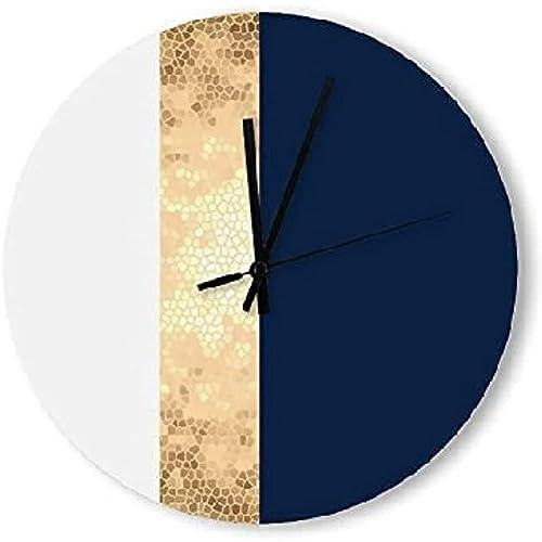 351 Ronde Horloge Murale Faux Doré Bleu Marine - Rayures Blanches Pendule Murale Vintage Cuisine Horloge Silencieuse Décoration D'Intérieur pour Chambre Salon Bureau