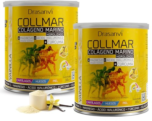 Colageno Drasanvi Collmar Hidrolizado Marino Con Acido Hialuronico Magnesio | Bienestar Articular Y Muscular, Con Curcuma Y Vitamina C - Colageno Marino Hidrolizado En Polvo Sabor Vainilla, Pack 2x300 G