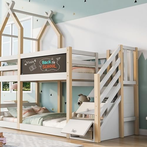 Sweiko Lit superposé 90 x 200 cm avec Tableau à Dessin | escalier avec rangements et barrières de sécurité, 2 sommiers à lattes