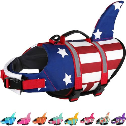 Dogcheer Giubbotto di salvataggio per cani, squalo, bandiera americana, per nuoto e barca, con maniglia di salvataggio, regolabile, per cani di taglia piccola, media e grande