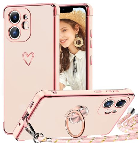TVVTPU Handyband für iPhone 11 Hülle mit Band, Herz Muster Handyhülle mit Ring Ständer Stoßfeste Kratzfest TPU Bumper Schutzhülle mit Kordel zum Umhängen (Abnehmbar), Rosa