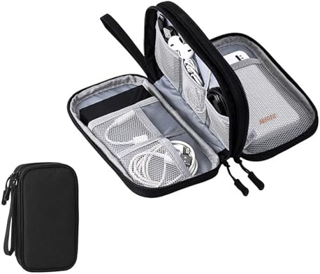 Sac de rangement de câbles, double poche pour câbles, 11 x 19 x 6 cm, organisateur de câbles portable, gadgets de voyage, pour batterie externe électronique, carte SD, noir, Noir