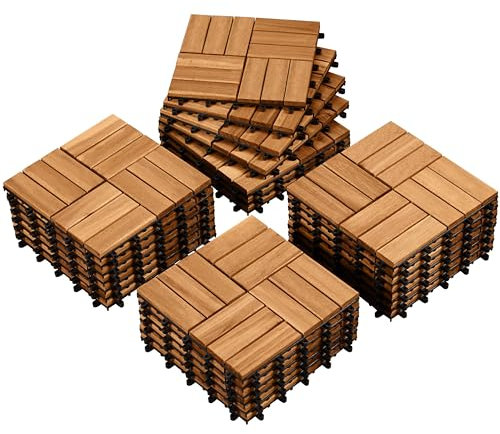 costoffs Acacia Wood Interlocking Deck Tiles, 27 Pieces, 31 cm W × 31 cm L Waterproof Outdoor Flooring All Weather Use, Patio Floor Decking Tiles for Porch Poolside Balcony Backyard, Natural Wood