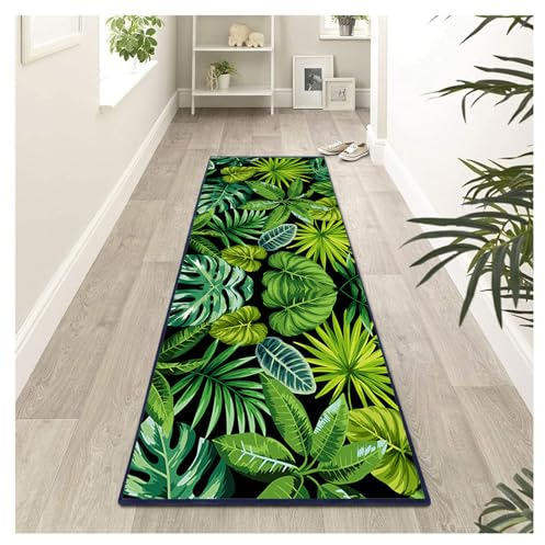 Siunwdiy Teppich Läufer Flur 3D rutschfest Waschbare Lang Grüne Tropische Palmenblätter 110X220cm for Küche Schlafzimmer Wohnzimmer, Polyester, Verblassen Nicht Anpassbar,Meterware
