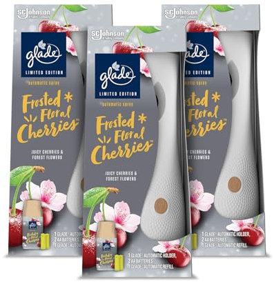 Glade Automatic Air Freshener Holder & Refill, Room Spray & Odour Eliminator for Home, Frosted Floral Cherries, Pack of 3 Starter Kits, (3 x Holder and 3 x 269ml Refills)