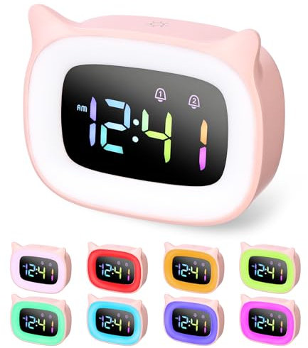 LED-Wecker für Kinder, beleuchtet, Helligkeit verstellbar, Tag/Nacht, 18 Klingeltöne, 4 Modi, digital, High-End-Wiederholungsmodus, USB-Anschluss