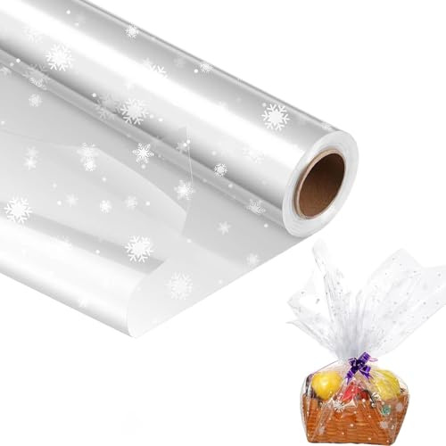 Papel de Regalo Transparente de 40 cm x 30 m,2,5 mil, para Flores y Cestas de Regalo,Estampado de Copos de Nieve