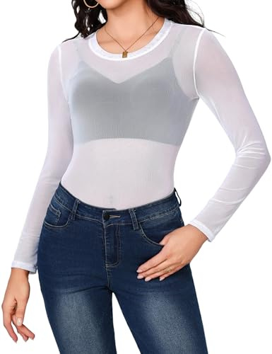 Aottori Maglietta Donna in Tulle Trasparente Maglie Tunica Sexy Camicette in Rete Elegante Bluse Shirts Casual Top Girocollo Manica Lunga Clubwear Bianco XL