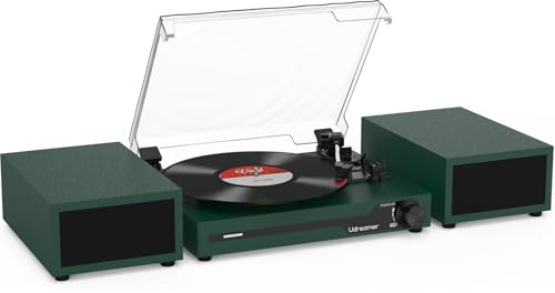 Udreamer Giradischi con 2 altoparlanti stereo doppio, giradischi vintage Bluetooth 5.3 supporta 3 velocità, AUX-In, RCA Line, USB, riproduzione wireless, verde scuro