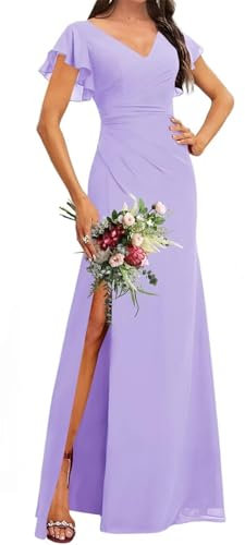 HPPEE Abito da damigella d'onore in chiffon con scollo a V e maniche svolazzanti per donne con spacco plissettato lungo abito formale, Lilla, 48