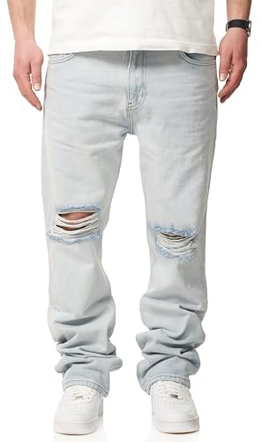 behype. Herren Jeans Ripped Straight-Fit Jeanshose 100% Baumwolle Denim Hose Used Look Men's DC_JN-246-Ice Blue-W34/L32