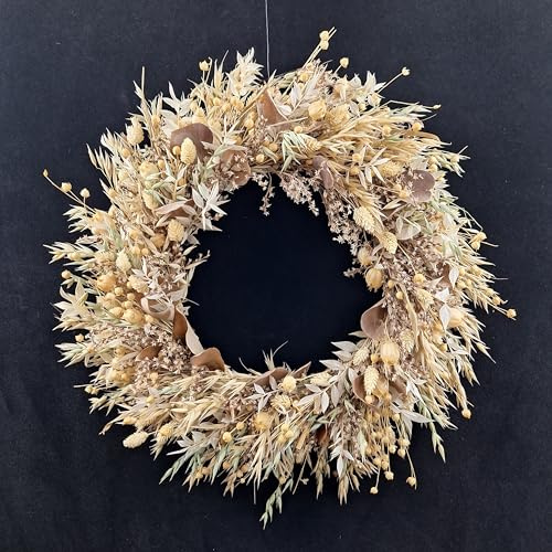 Kranz Natürlicher Trockenblumen Türkranz, Getreide und Eukalyptus, Hell-Beige und Braun, Handgefertigt