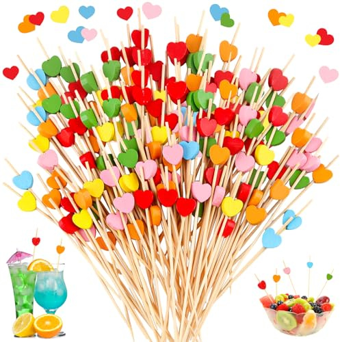 CIYIN 100PCS Cocktailspieße, Obstspieße, 12cm Cocktail Sticks Mit Liebesmuster, Holz Zahnstocher für Fingerfood, Grillgut, Obst, Antipasti, Cocktail Dekoration