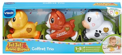 VTech - Tut Tut Animo Bisous Coffret Trio - 3 Animaux Interactifs à roulettes, Chat, Chien et Vache - Jouets Musicaux et Sonores à Collectionner - Cadeau Enfant de 1 an à 5 Ans - Contenu en Français