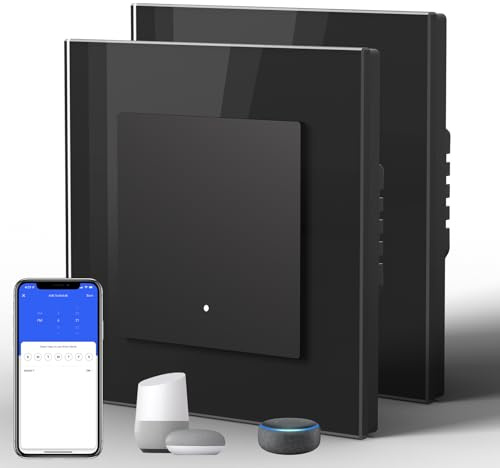 BSEED Lichtschalter Glas Smart WiFi Wechselschalter Compatibel mit Google Home und Alexa Neutrale Leitung Benötigt, 1 Fach 2 Wege, 86mm Schwarz, 2 Pack