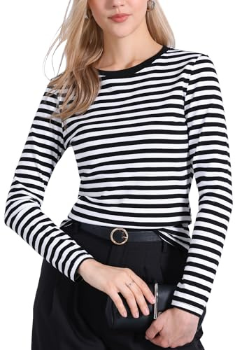 Allegra K Camisetas A Rayas para Mujer, Camisetas de Manga Larga, Camisetas Ajustadas con Cuello Redondo, Conjuntos Casuales de Moda Raya Blanca y Negra S