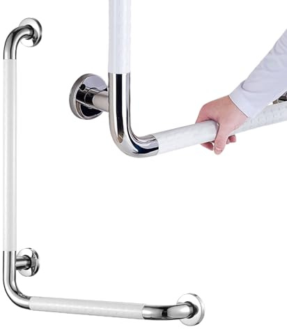 Barra de sujeción para ducha, acero inoxidable, 70 x 50 cm, en forma de L, rieles de seguridad en ángulo vertical, pasamanos de esquina antideslizante montado en la pared para personas mayores con
