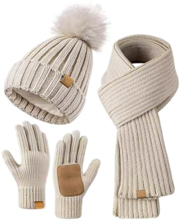 Remingtape Wintermütze, Schal, Handschuhe, Set für Damen, Handschuhe mit Bommelmütze und Langem Schal, Stylisches -Winteraccessoires
