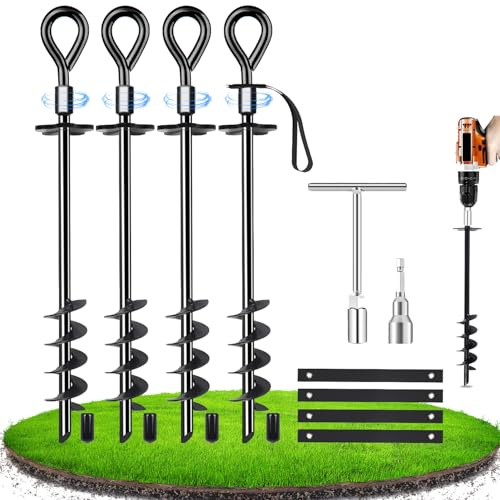 AVOFOREST Lot de 4 piquets d'ancrage au sol robustes pour trampoline - Ancrage au sol à visser - Fixation au sol avec sangles - Pour tentes, balançoires, camping, résistance au vent fort - Inoxydable