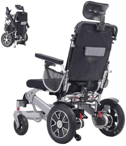 Juodkeo Sillas de ruedas eléctricas reclinables todo terreno - Ligeras plegables para largos viajes, con descanso para la cabeza, aprobadas para avión (1 batería, alcance 25KM, marco de plata)