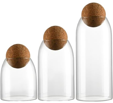 Minhaxue 3 Stück Gläser mit Korkkugel, 500ml+800ml+1000ml Gläser Lebensmittel Vorratsglas, Luftdicht Glasbehälter für Gewürze, Zucker, Kaffee, Kekse, Süßigkeiten