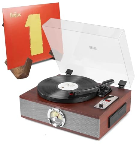 Fenton RP180 Vintage Vinyl Record Player Bundle with Built-In Stereo Speakers, Bluetooth Wireless Audio Streaming, CD Player, FM Radio & Wooden Vinyl Holder, Retro Dark Wood Finish