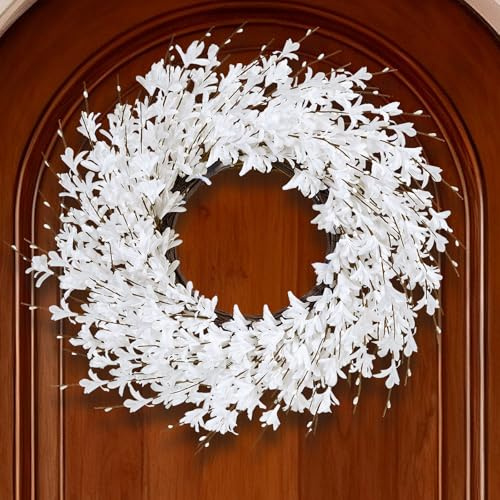 GTIDEA 24 Spring Wreath Forsythia Wreath for Front Door, Artificial White Forsythia Flower Wreath on Grapevine for Home Indoor Outdoor Wall Window Garden Porch Farmhouse Spring Decor