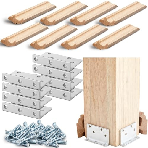 Blulu Lot de 2 kits de montage de poteaux Newel de 15,2 cm, 8 supports en L en métal avec 8 fixations de base en bois de chêne rouge pour fixer des rampes, des balustrades aux escaliers et aux sols