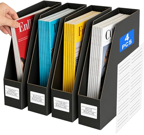 QUOTRE 4-Pack A4 Magazine File Holders with Labels, 5-Layer Cardboard Desk Organizer for Documents, Books, Magazines, Office/Home School Storage, Black