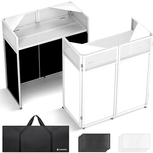 CAHAYA DJ Booth Ständer Tragbarer – Faltbarer DJ-Tisch mit Schwarzer & Weißer Abdeckung, Metallrahmen, Kabelöffnungen & Tragetasche, Für Laptop & Controller, 102×51cm, Weiß