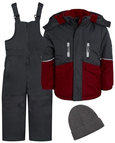 iXtreme Boys Snowsuit Set - 2 Piece Heavyweight Insulated Ski Jacket and Snow Pants Overall Bibs for Boys with Winter Hat, Size 5, Charcoal/Red