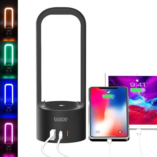 COZOO Touch Control RGB Night Light, 3 Brightness Dimmable LED Bedside Lamp with Dual USB Ports & USB-C Port, Soft Eye-Friendly Lamp for Bedroom, Bedside, Living Room, Kids & Adults