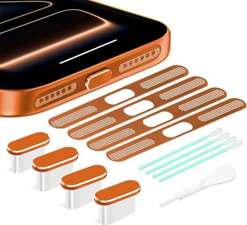 Muorruo 4-delad USB C dammskyddskontakt, typ C laddningsport skydd med högtalarnät, telefontillbehör USB C skyddskåpa, kompatibel med iPhone 17 Pro Max, metall orange