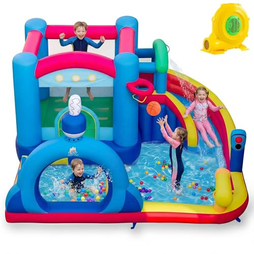 GYMAX Inflatable Water Castle, Kids Bounce House with Slide, Splash Pool, Punching Bag, Water Cannon & Basketball, Indoor Outdoor Children Bouncy Castle for 3-12 Years Old (with 750W Blower)