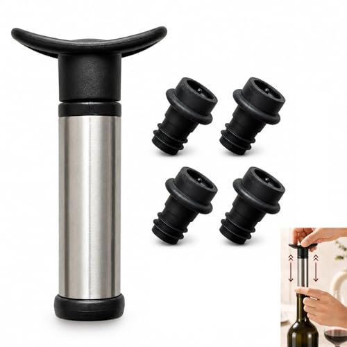 QLK Wine Saver Vacuum Pump with 4 Stoppers, Wine Stopper Preserver, Reusable Bottle Sealer Keeps Fresh, Ideal Accessories Gift