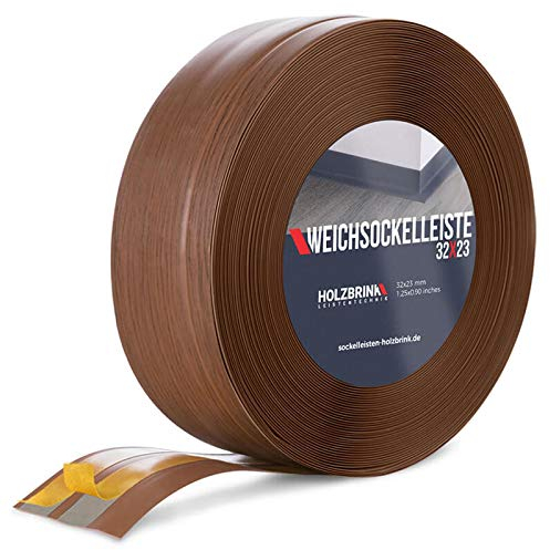 HOLZBRINK Weichsockelleiste selbstklebend PVC 32x23mm, 5 m | Küchenleiste Arbeitsplatte | Abschlussleiste selbstklebend für Badezimmer | Farbe: Eiche Dunkel