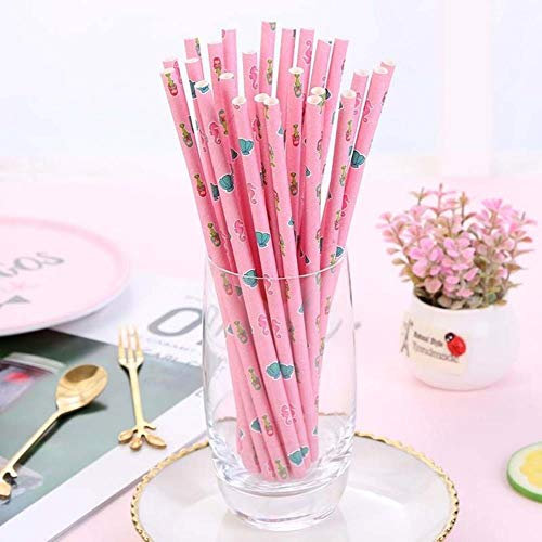 CTOBB 25pcs Verano Tropical desechable Paja del Papel de Green Palm Flamenco Beber Tabla de la Boda la Fuente del Banquete Hawaiano de Paja decoración, Mar Rosa