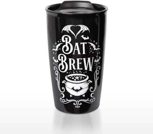Alchemy Travel Mug Double Wall Ceramic Mug, Goth Reusable Coffee Cup, Bat Brew 12oz
