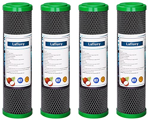 Lafiucy Filtro de agua de carbón activado de cáscara de coco de 5 micras y 10 pulgadas, CTO, paquete de 4, compatible con el sistema de filtración bajo el fregadero y la encimera del hogar